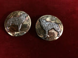 Conchos: pair of Brass 1 3/4" with Sterling Howling Wolf overlay