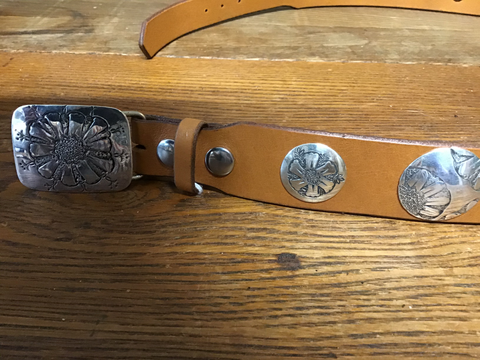 Concho Belt: Sterling tooled Flower motif w/ 19 conchos, 1 of a kind!