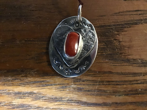 Pendent: Sterling oval, double overlay with Coral stone.
