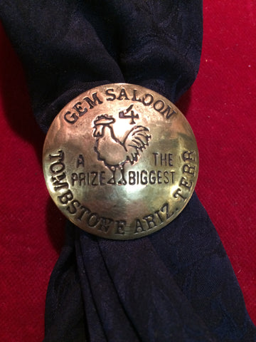 Scarf Slide: Brass token, Gem Saloon, Tombstone, Az