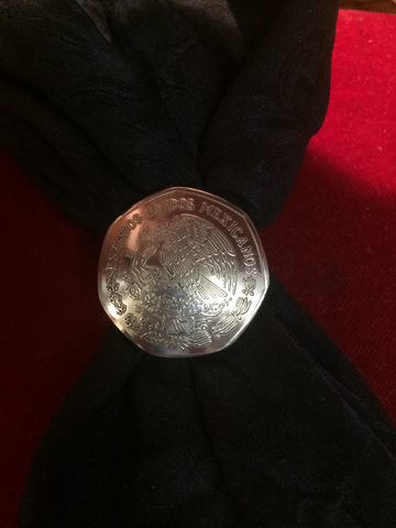 Scarf Slide: 10 Peso real coin, Mexican Nickle silver.