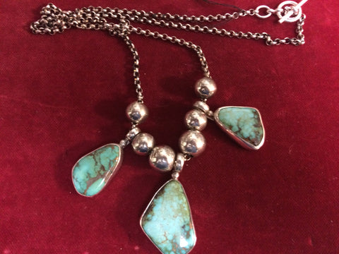 Necklace: 3 Stone Carico Lake Turquoise and Sterling