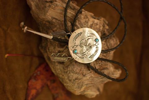 Sterling Bolo Tie with Turquoise and Sterling Feathers