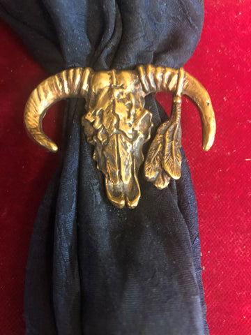 Scarf Slide: Bronze Buffalo Skull with Feathers