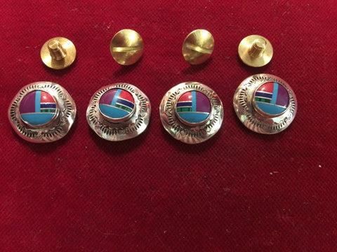 Conchos: Sterling 3/4" set of 4, Mosaic Stones, post & screw