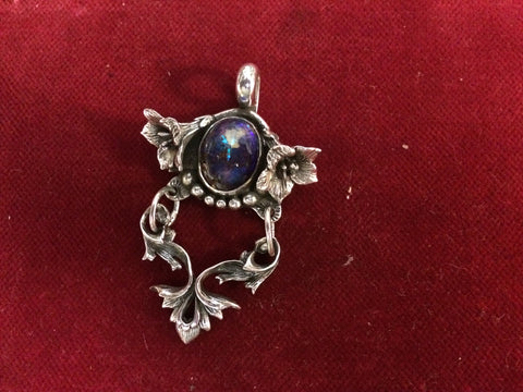Pendent: Sterling Jelly Opal with Flowers and Dangle.