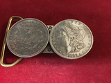 Buckle: Pair of Morgan Silver Dollars w/ sterling accents.